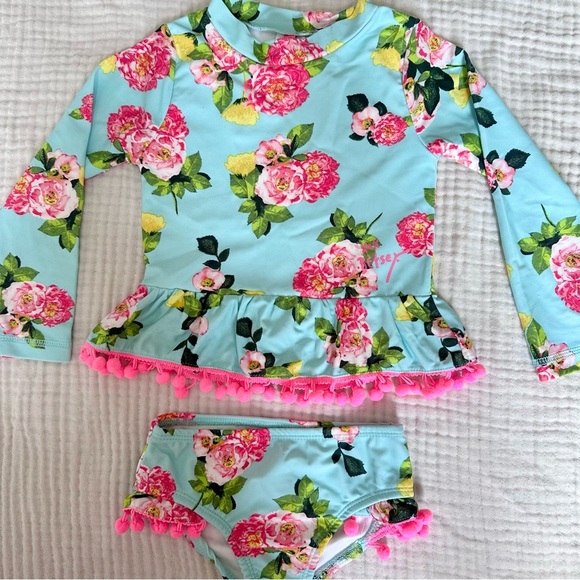 Betsey Johnson 2-Pc Floral Pom POM Toddler Girl Swimsuit Bikini 3T - Picture 2 of 5
